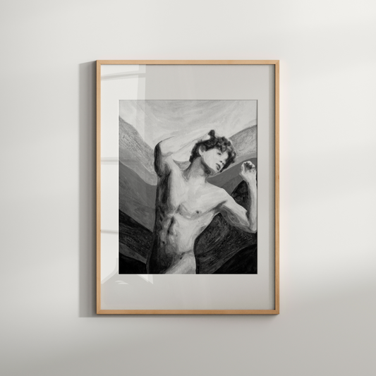 Black and white watercolor painting of a nude young man holding his red hair, with layered gray-toned background symbolizing the rainbow, expressing queer identity and emotional strength. Original Zak Pop Art.