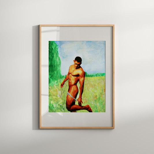 Watercolor of a nude man lifting one leg to remove underwear in a green field, painted in an impressionist style inspired by Monet.