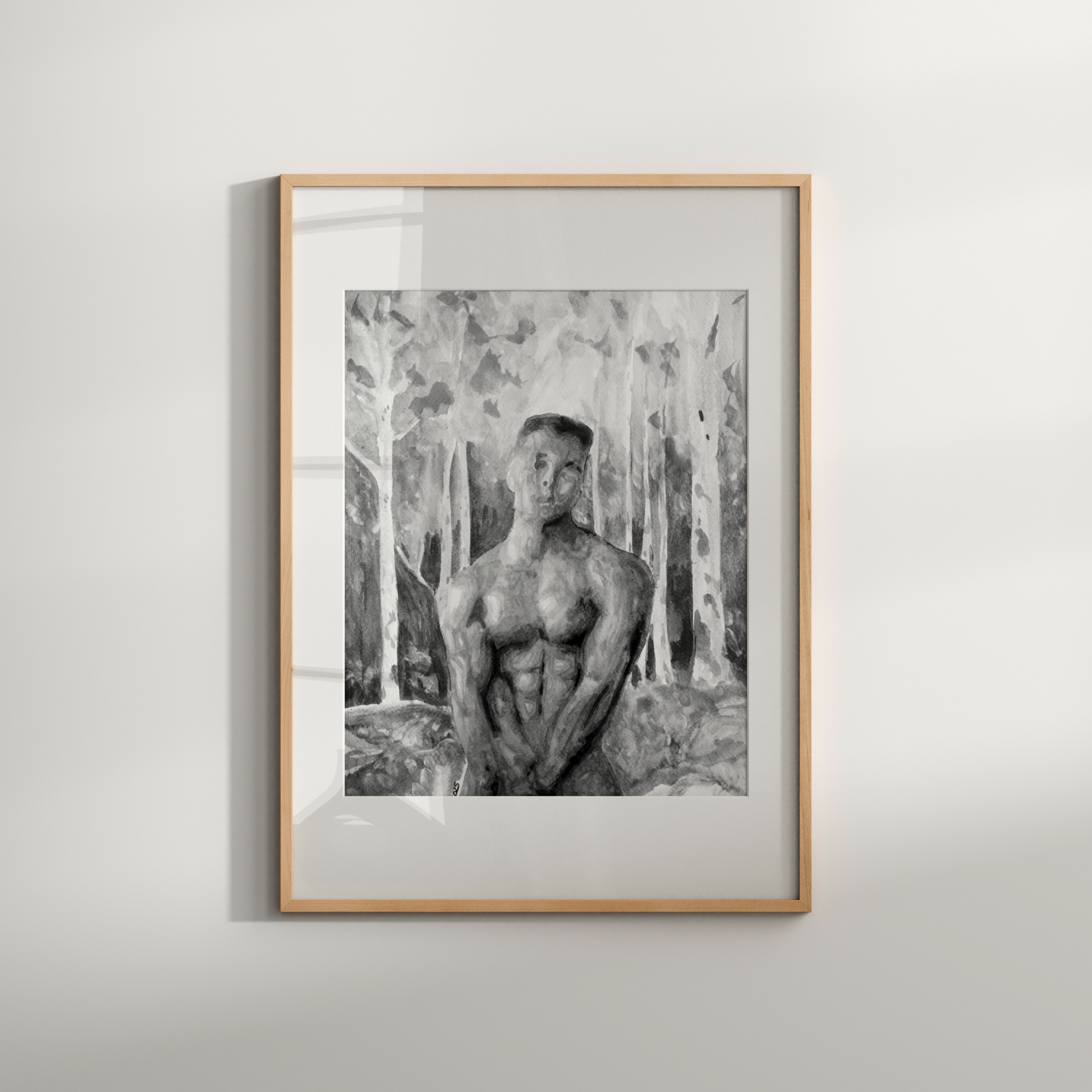 
Black and white watercolor painting of a muscular nude man in a misty forest, covering his genitals with one hand and looking directly at the viewer. Queer male figure art by Zak Pop Art.