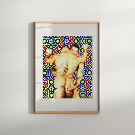 Framed artwork of two nude figures against a colorful geometric pattern on a white wall.