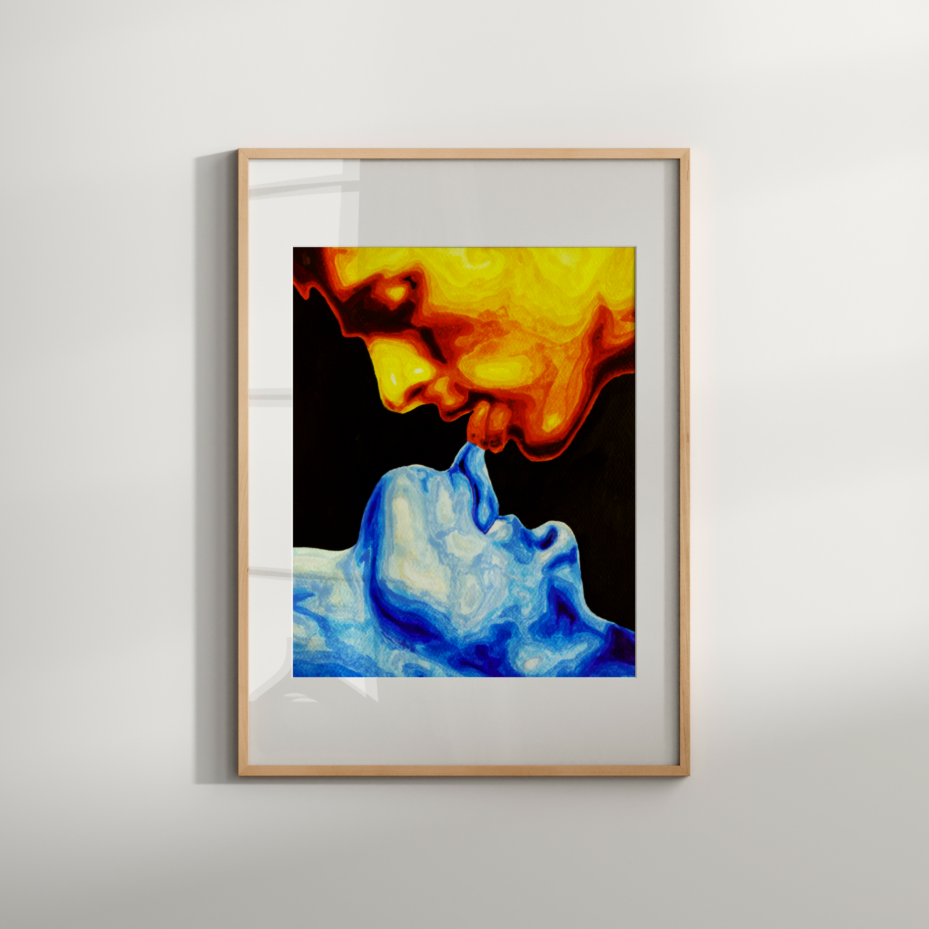 Framed abstract art print with blue and orange colors on a white wall