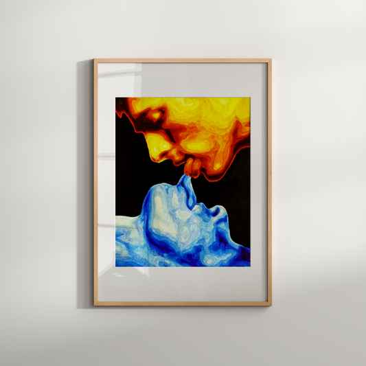 Framed abstract art print with blue and orange colors on a white wall