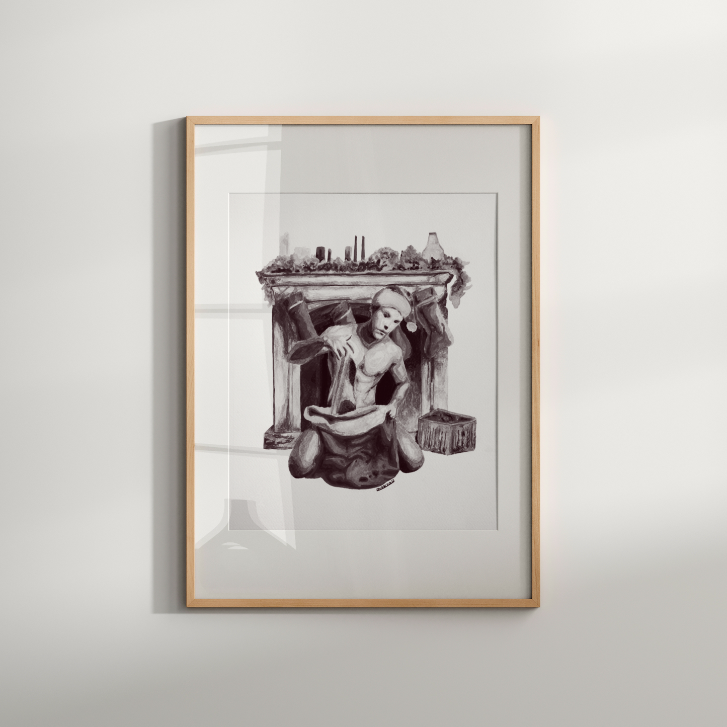 Framed black and white artwork of a woman with a cityscape background on a light gray wall.