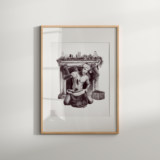 Framed black and white artwork of a woman with a cityscape background on a light gray wall.