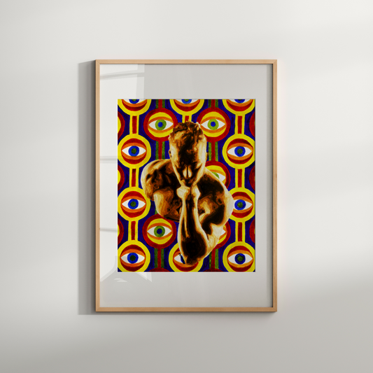 Framed artwork with a colorful abstract design and a cat's face on a white wall.