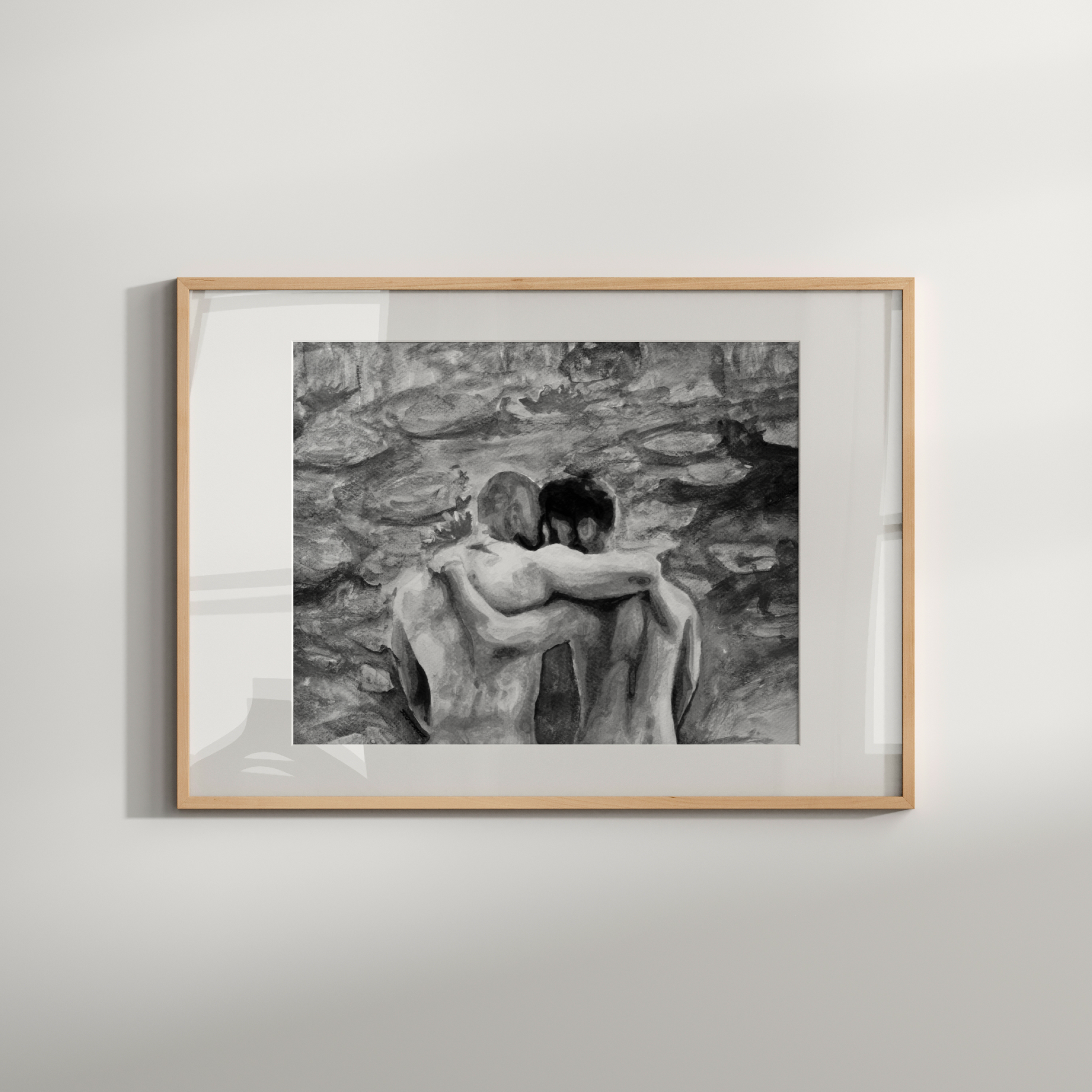 Black and white watercolor painting of two men from behind with arms around each other, looking at a soft landscape inspired by Monet.