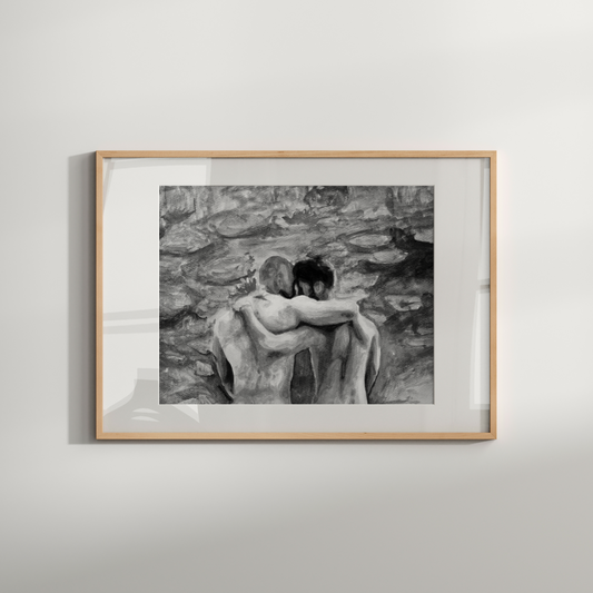 Black and white watercolor painting of two men from behind with arms around each other, looking at a soft landscape inspired by Monet.