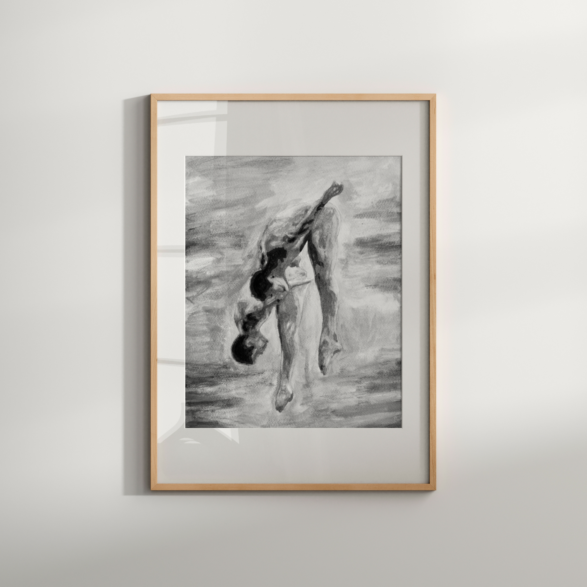 Black and white watercolor of two nude men jumping into water, viewed from behind, grayscale tones with expressive splashes and sky.
