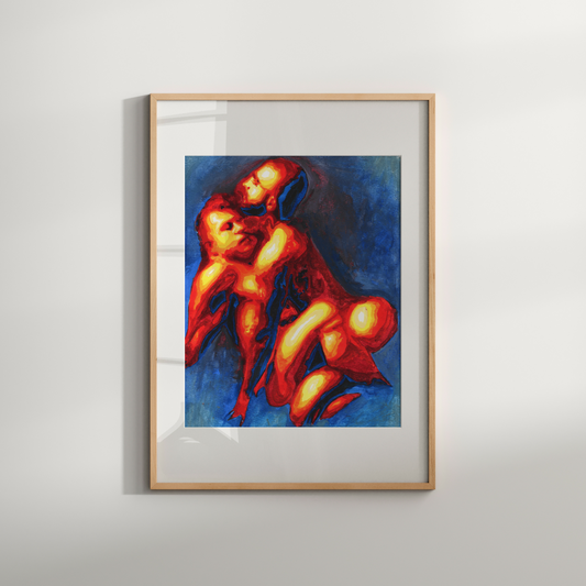 Framed painting of two people embracing on a white wall