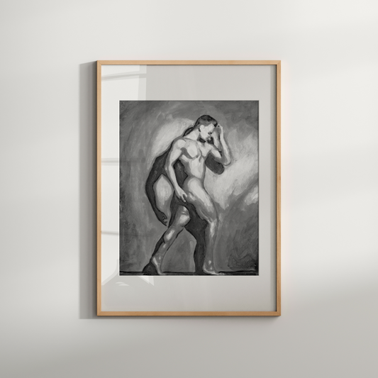 Framed artwork of a nude figure on a plain wall