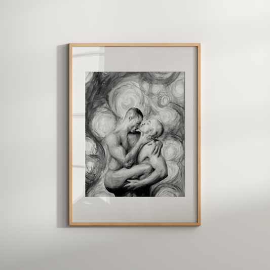 Framed artwork of two figures embracing on a light gray background
