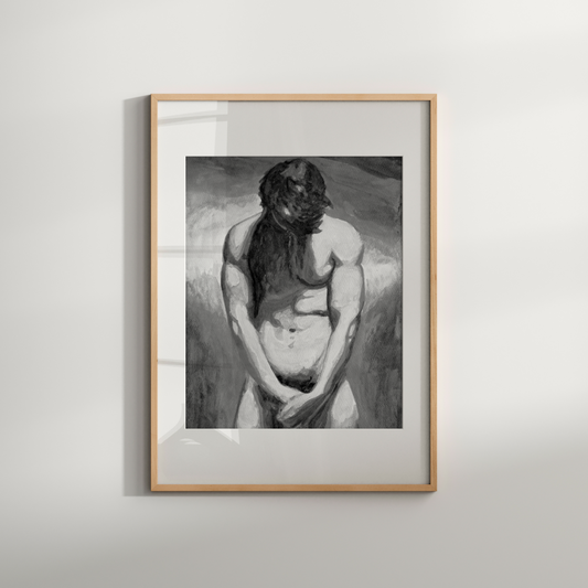 Framed black and white artwork of a nude figure on a light gray background