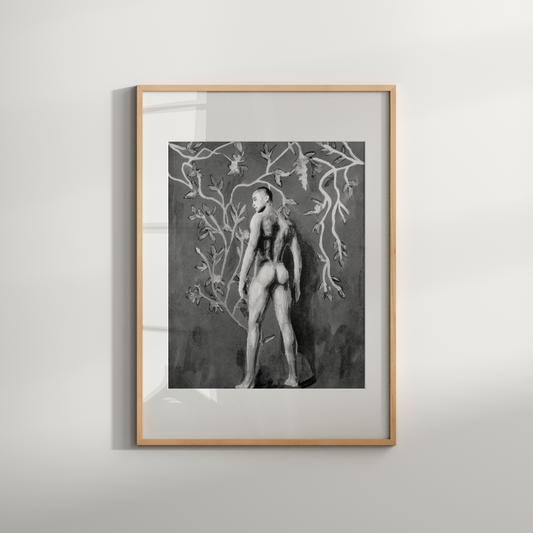 Framed artwork of a nude figure with tree branches on a white wall