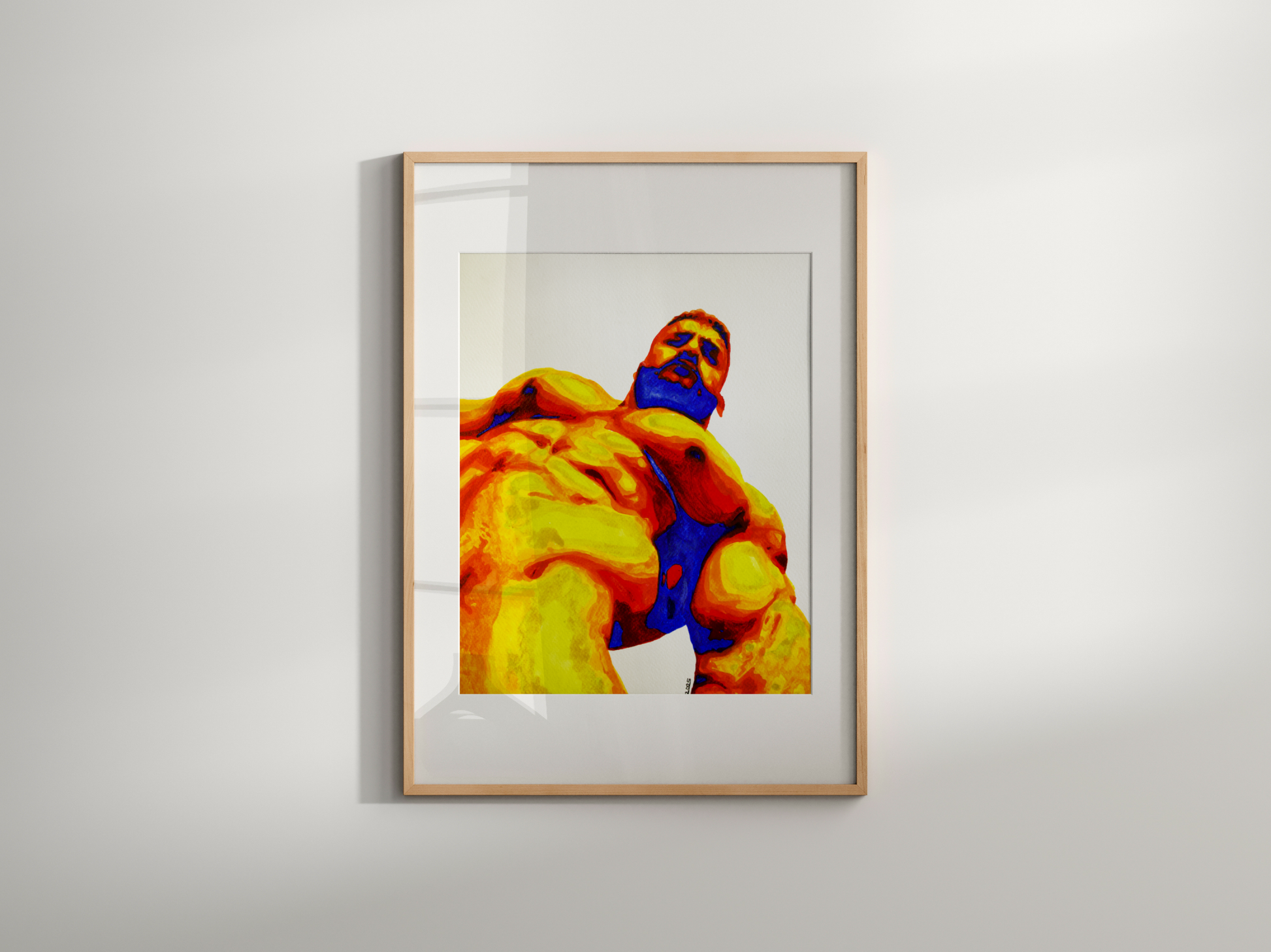 Bold watercolor painting of a muscular nude male viewed from a low angle, using vivid heatmap colors—yellow, red, and blue—symbolizing queer strength and sensuality, by Zak Pop Art.