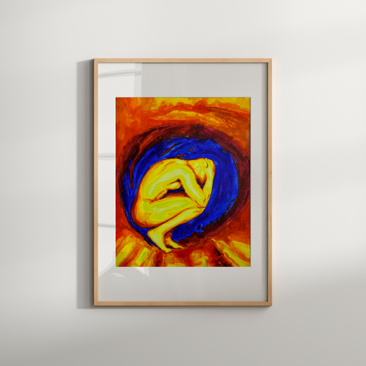 Framed abstract artwork with a central figure in blue and yellow on a white wall.