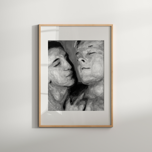 Black and white watercolor painting of a gay couple, one gazing softly at the other, in a gentle romantic moment.