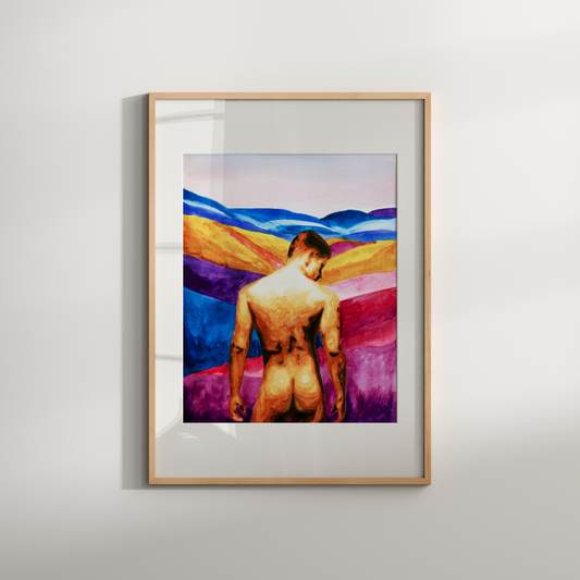 Print of a nude man seen from behind, showing his bare back and buttocks, gazing toward distant, imaginary colorful hills. Minimalist yet expressive LGBTQ+ art print.