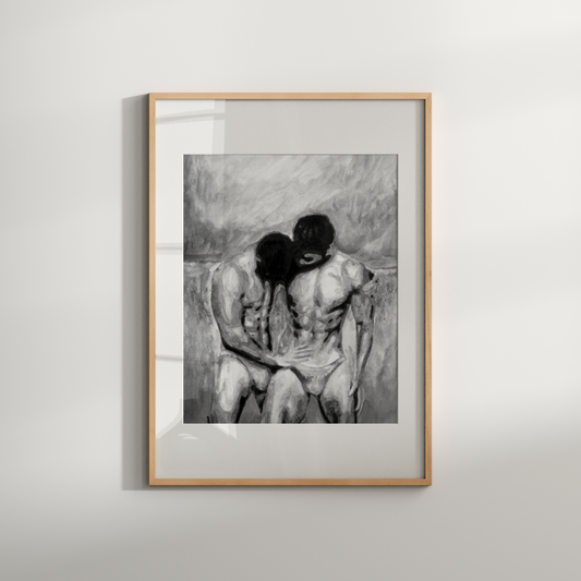 Black-and-white artwork of two men touching at the waist in a grayscale field. LGBTQ+ queer expression by Zak Pop Art.