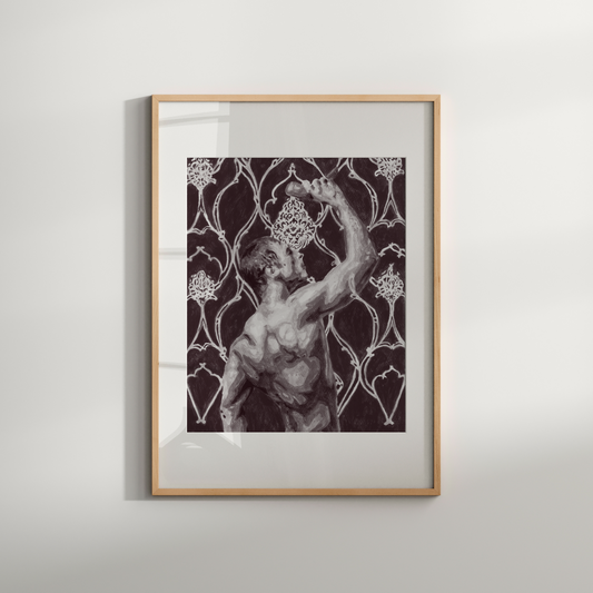 Framed artwork of a classical statue against a decorative patterned background on a white wall.