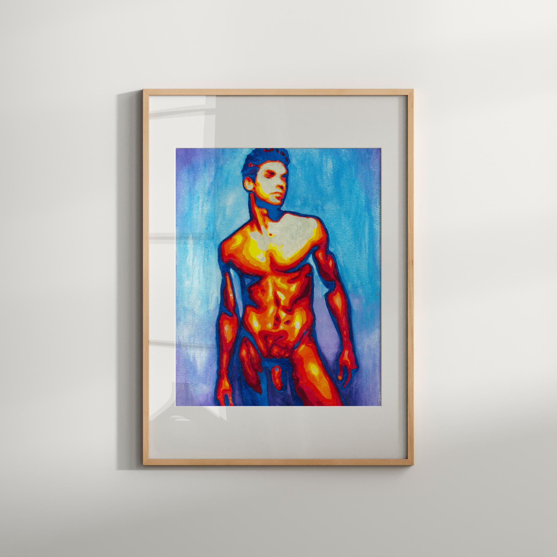 Framed artwork of a shirtless man with a colorful abstract background on a white wall.