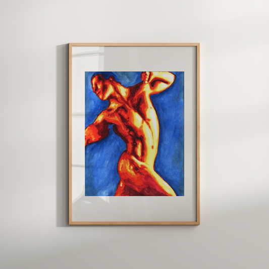 Framed artwork of a muscular figure on a plain wall