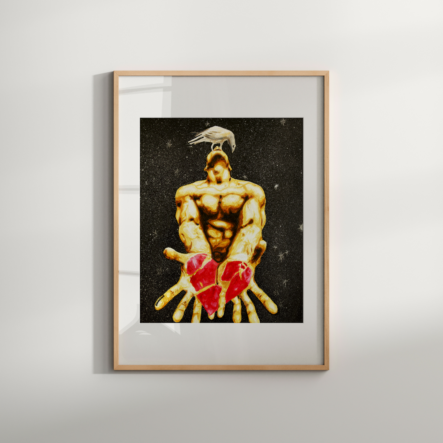 Framed artwork of a muscular figure with red hearts and a bird on the head against a black background.