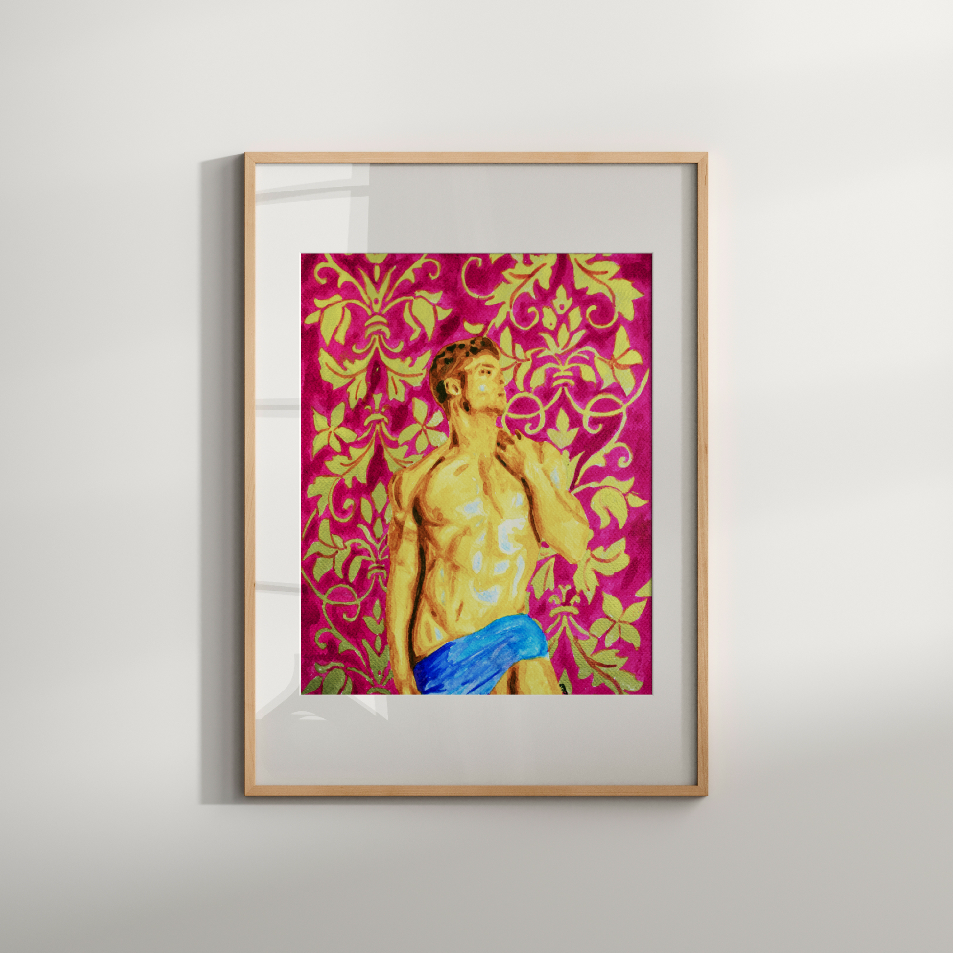 Greek-style muscular nude male with blue cloth and antique banana leaves in pink and gold