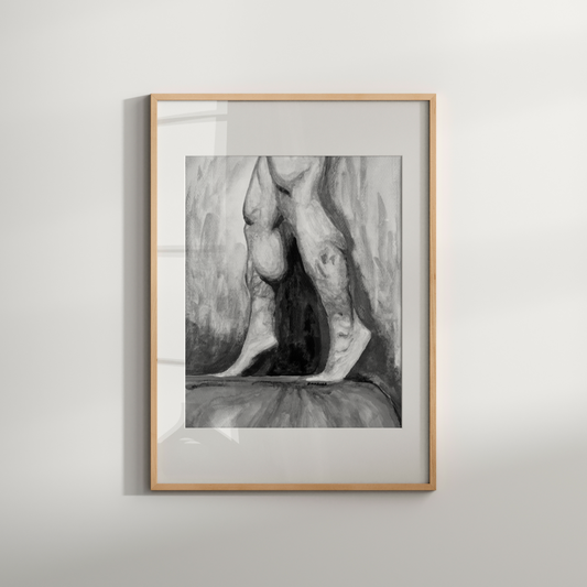 Black and white artwork of strong male legs on tiptoes standing on a draped table with a gray background. Queer art by Zak Pop Art.