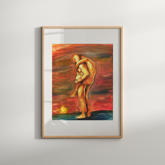 Framed artwork of a nude figure against a colorful abstract background on a white wall.