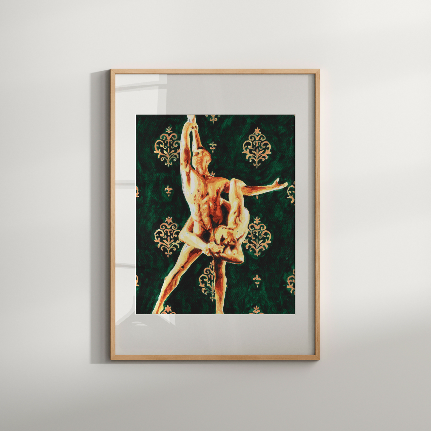 Framed artwork of a dancer on a green patterned background