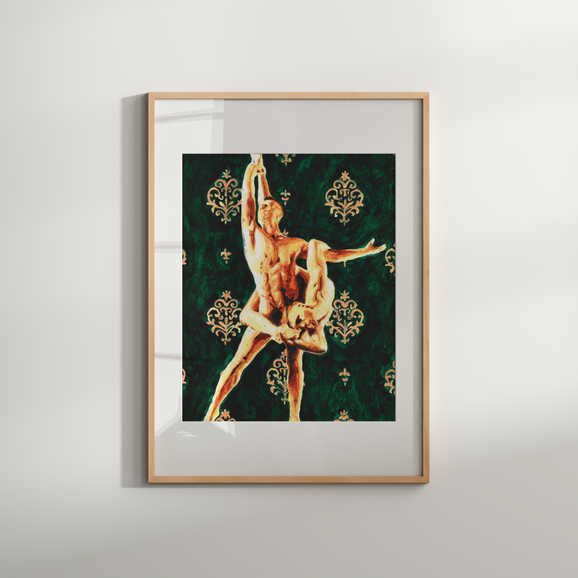 Framed artwork of a dancer on a green patterned background