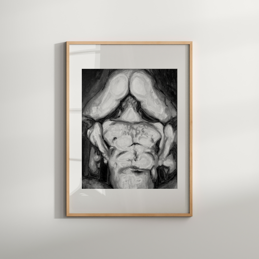 Black and white gay watercolor showing two queer male lovers in an intimate pose, full of emotion and quiet sensuality.