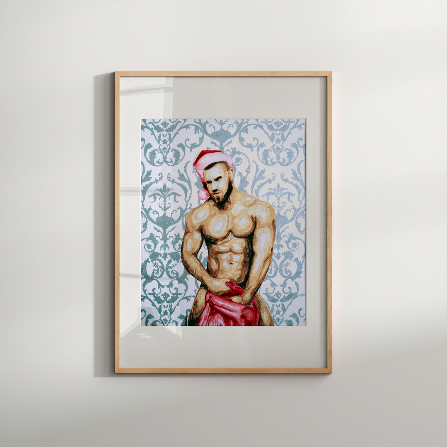 Framed artwork of a shirtless man with a red turban on a light gray background