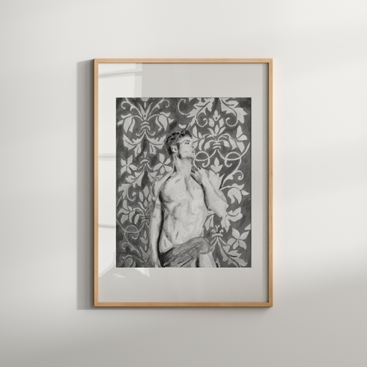 Black and white painting of a muscular male figure with a cloth wrap, standing like a Greek statue, surrounded by vintage floral background.