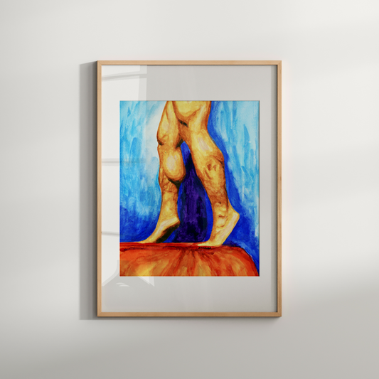 Color painting of muscular male legs standing on tiptoes on a red-covered table with a blue background. Queer-themed artwork by Zak Pop Art.