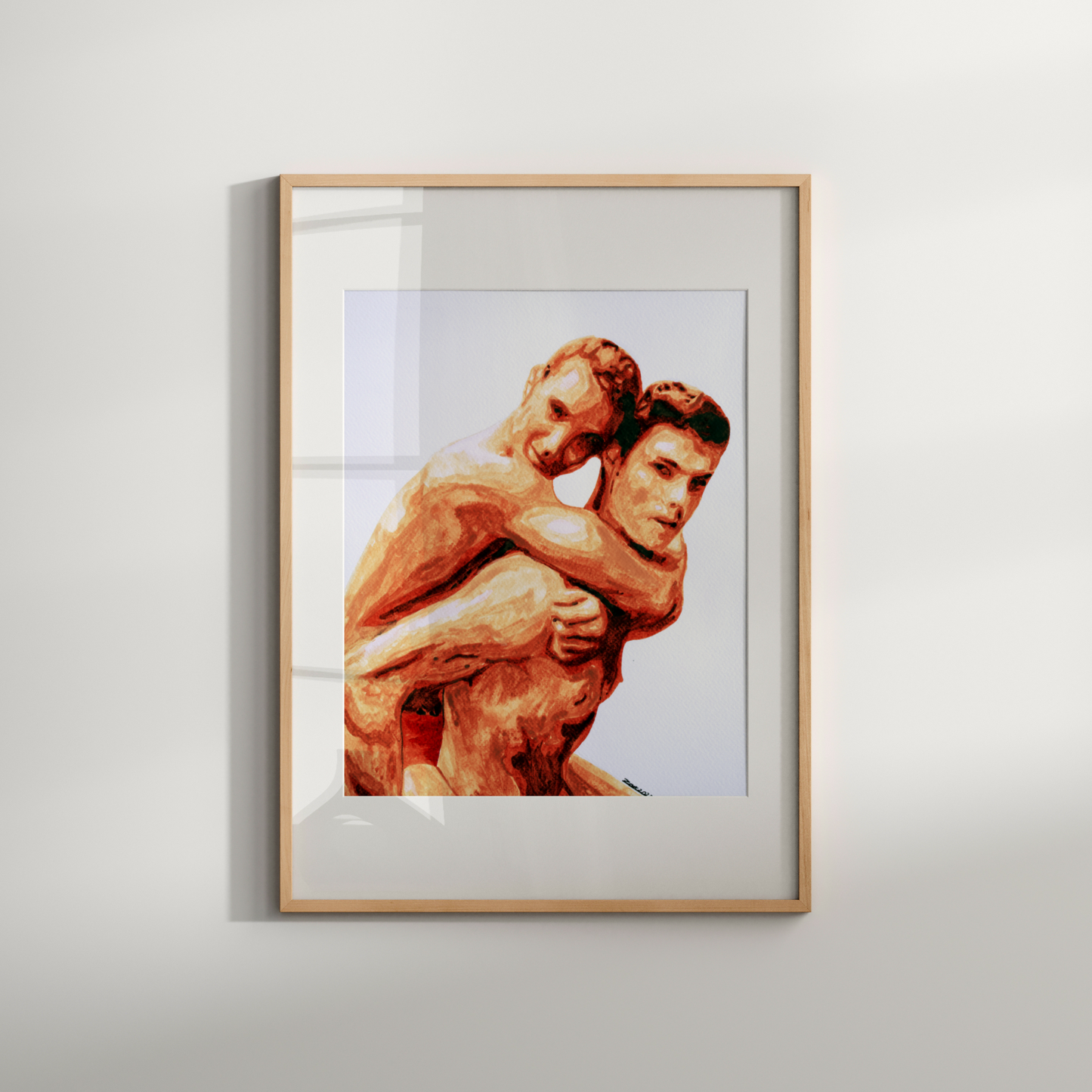 Framed artwork of two muscular figures embracing on a light gray background
