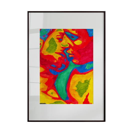 Framed colorful abstract artwork on a white background