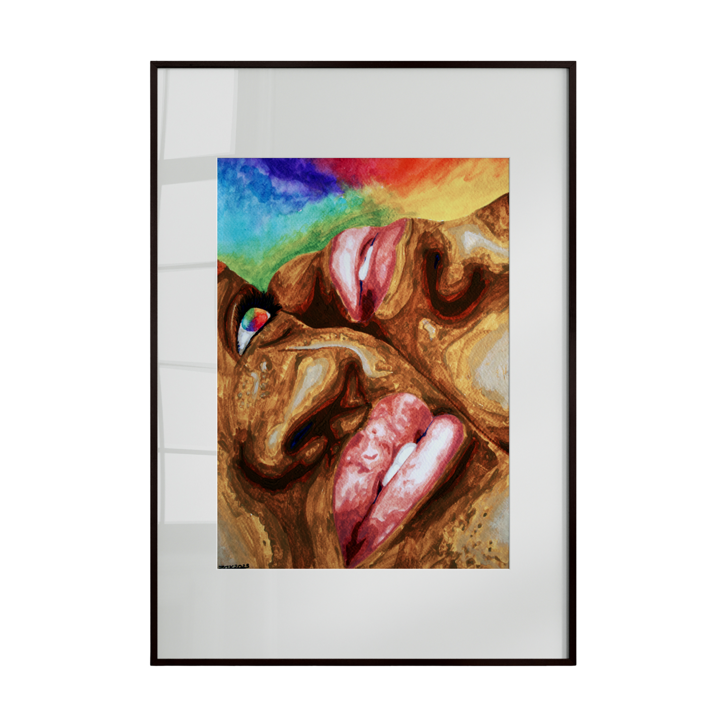 two women set against a backdrop of rolling hills. The most striking feature is the reflection of rainbow colors in their eyes, mirroring the rainbow arching gracefully across the horizon. 