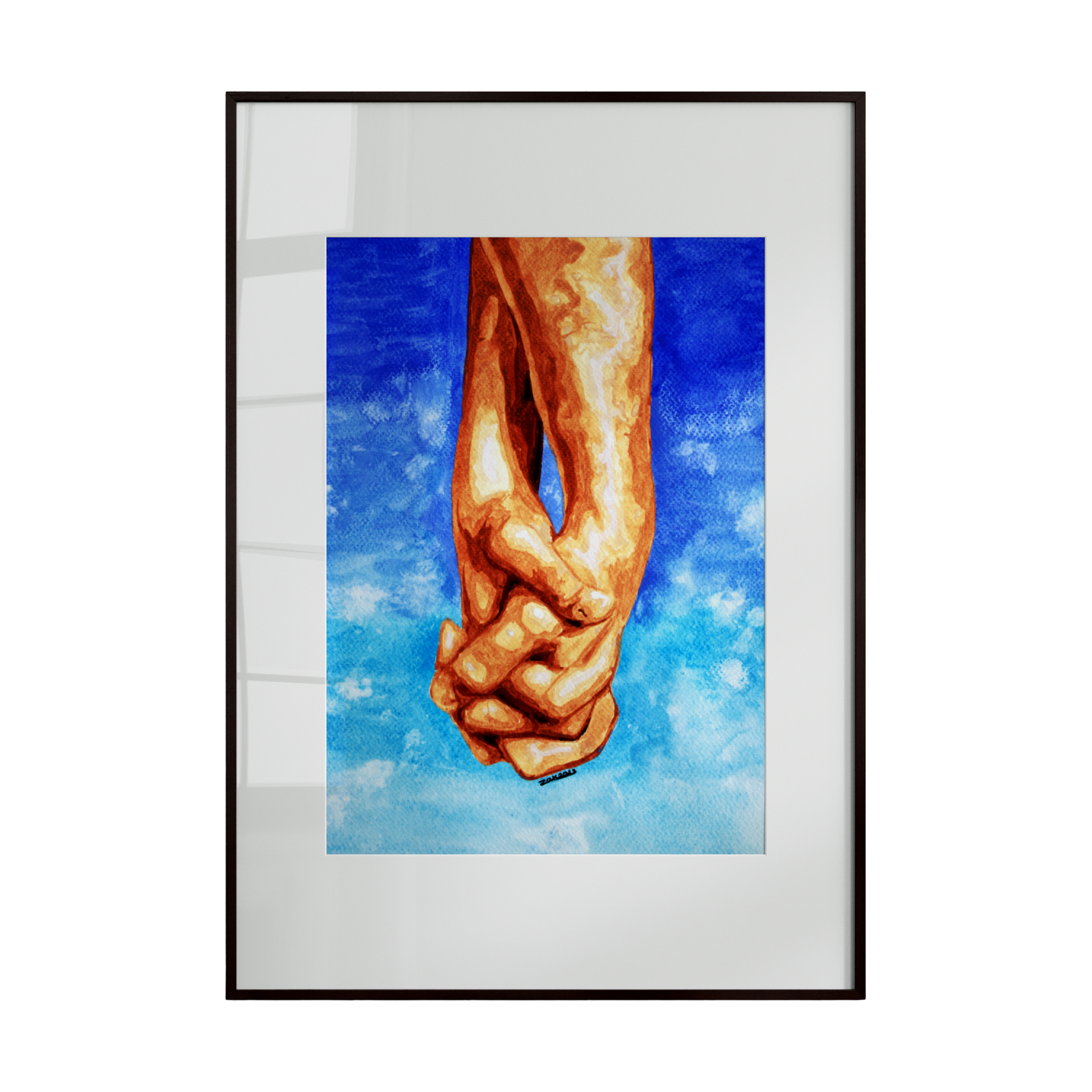two hands holding each other against a serene blue sky dotted with soft clouds. The gentle brushstrokes and subtle gradients convey trust, connection, and emotional warmth.