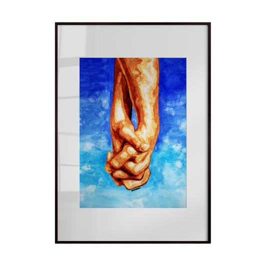 two hands holding each other against a serene blue sky dotted with soft clouds. The gentle brushstrokes and subtle gradients convey trust, connection, and emotional warmth.