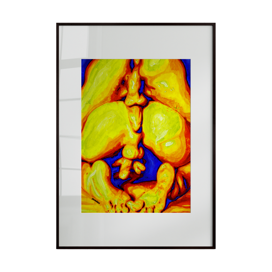 Framed artwork of a colorful abstract design on a white background