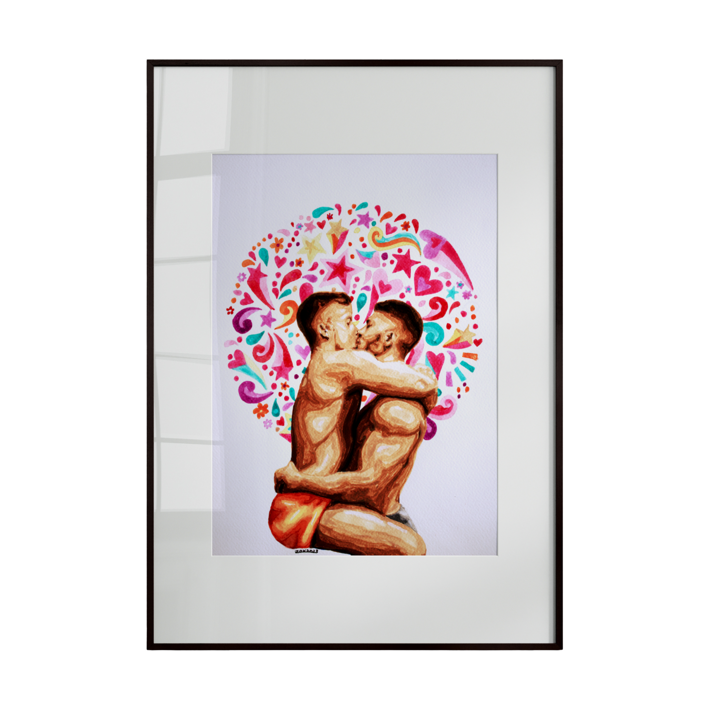  two men, one lifting and kissing the other in a tender, intimate gesture. Behind them, ornate patterned motifs form a radiant, halo like presence, surrounding the figures with symbolic light and harmony