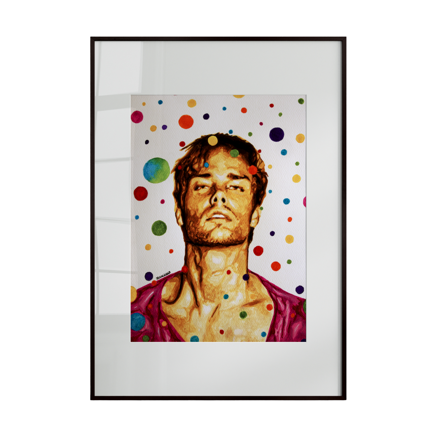 Framed artwork of a person with colorful polka dots on a white background