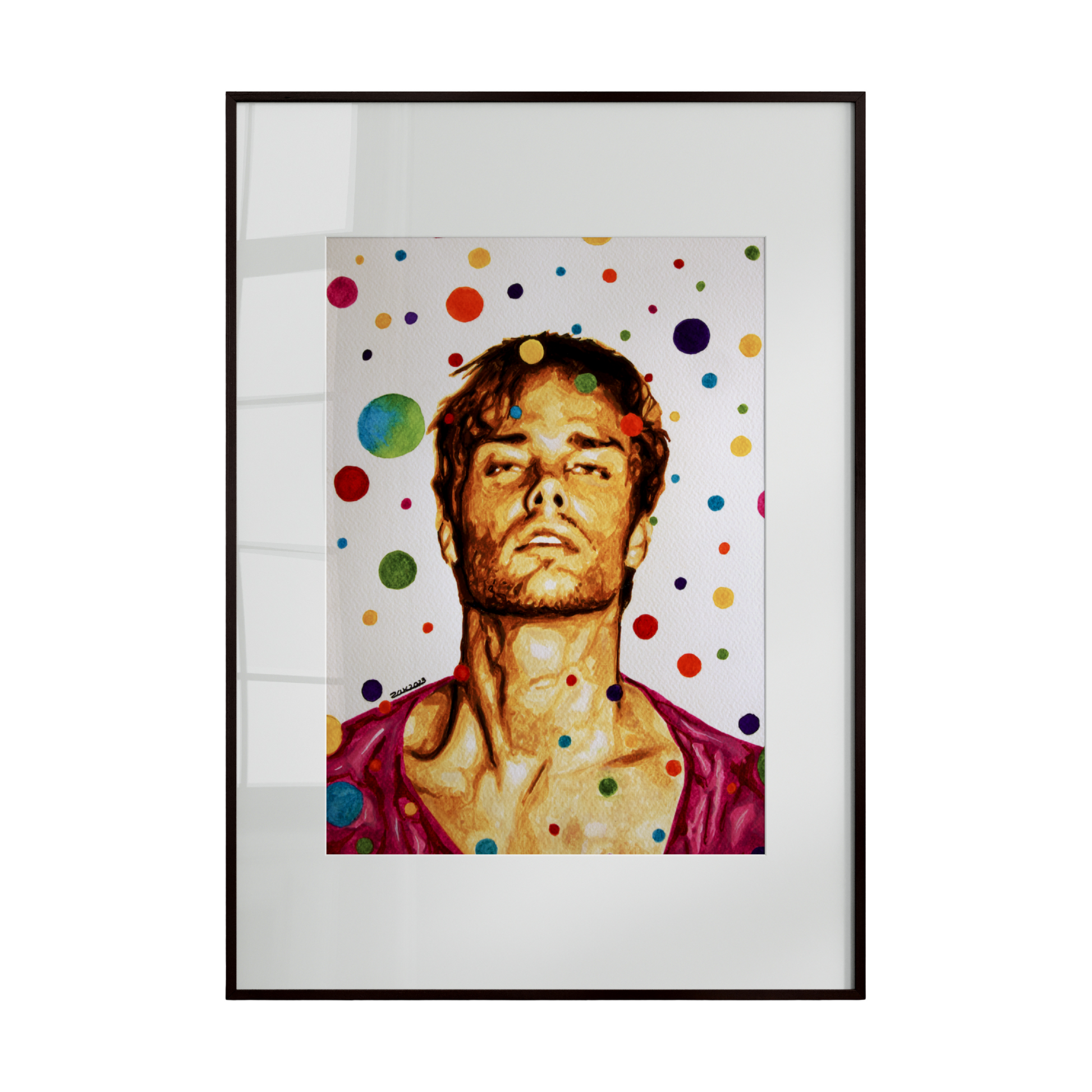 Framed artwork of a person with colorful polka dots on a white background