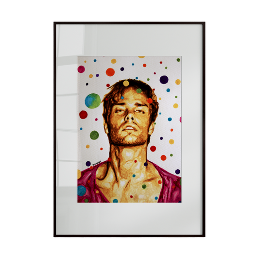 Framed artwork of a person with colorful polka dots on a white background