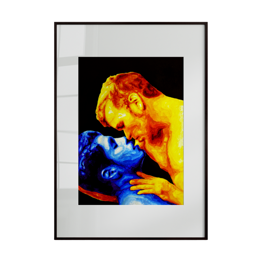 Framed artwork of a nude figure embracing a blue figure on a white background