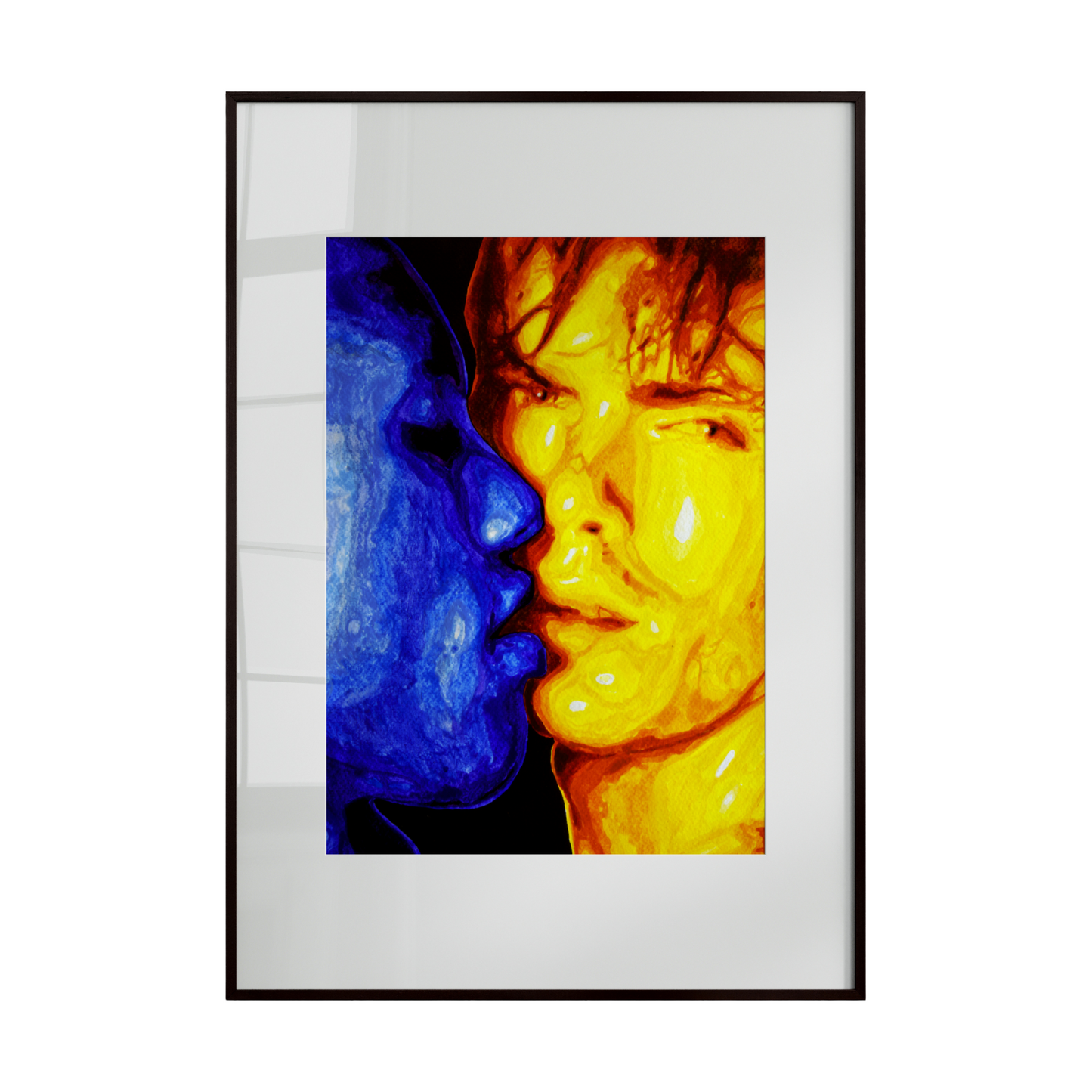 Framed artwork of two faces, one blue and one yellow, against a white background.