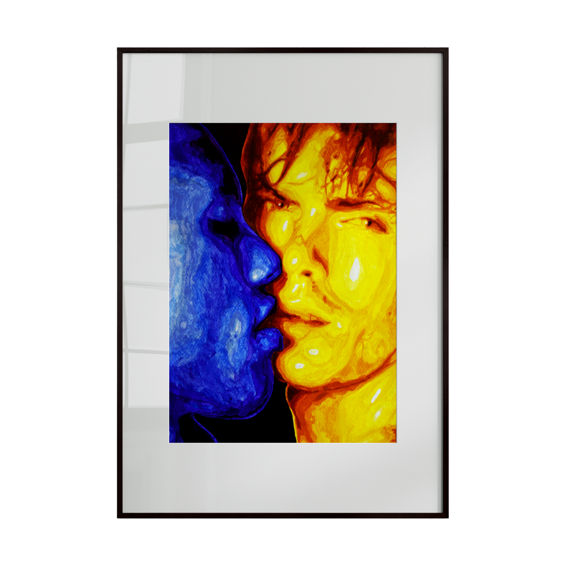 Framed artwork of two faces, one blue and one yellow, against a white background.