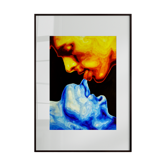 painting capturing the close-up faces of two men kissing, their tongues forming a shape reminiscent of an hourglass. One figure is rendered in warm tones, the other in cool shades, set against a deep black background