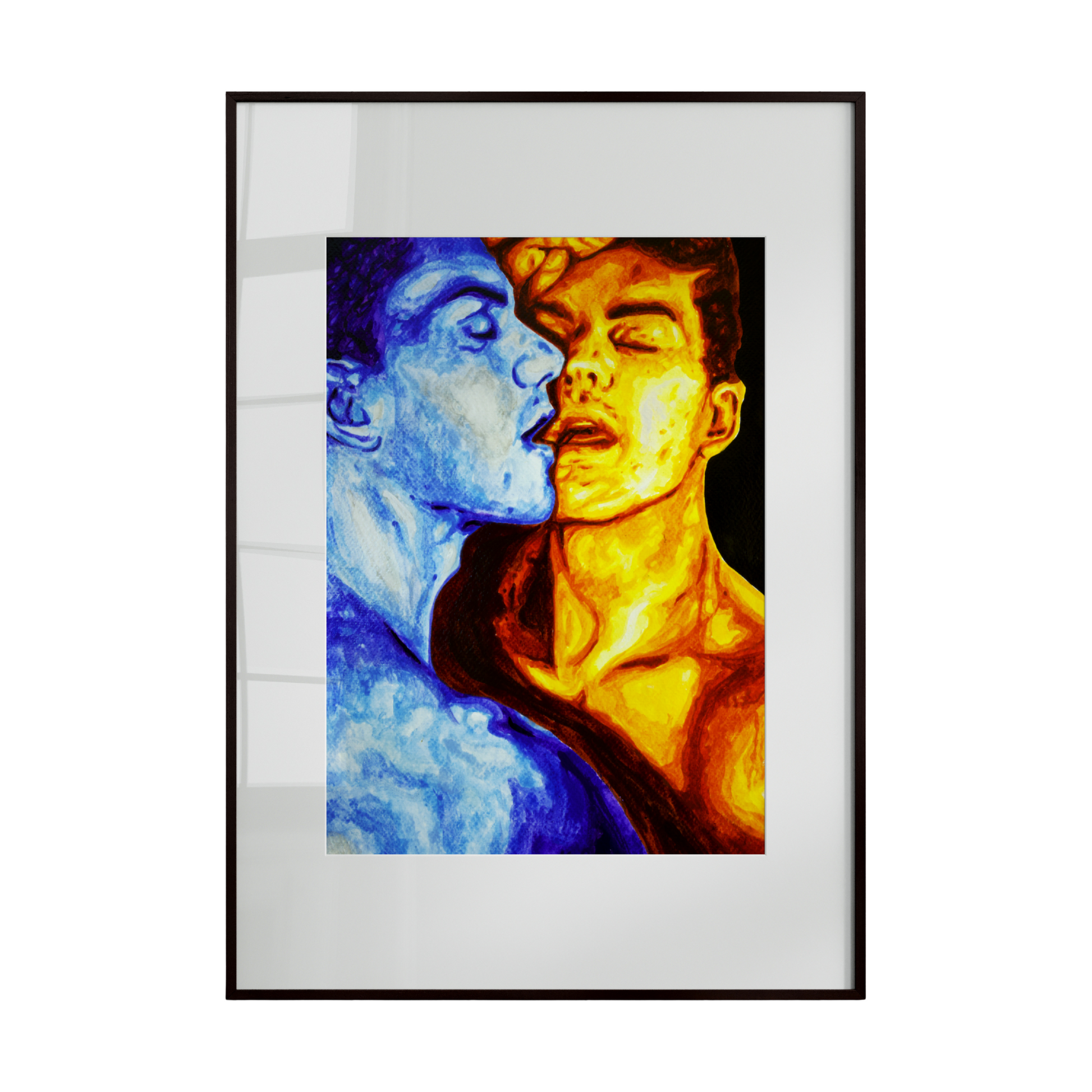 An erotica poster-style watercolor depicting two male figures in an intimate embrace. Vivid blue and red hues intensify their connection, creating a bold, expressive, and passionate visual statement.